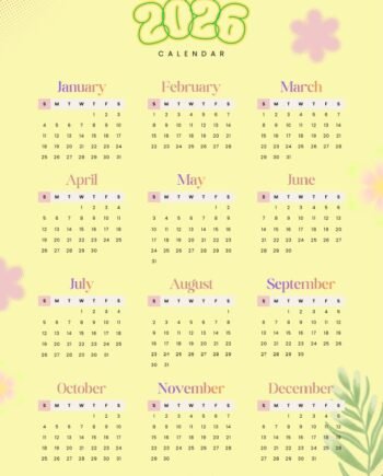 2026 Yellow Calendar - Printable